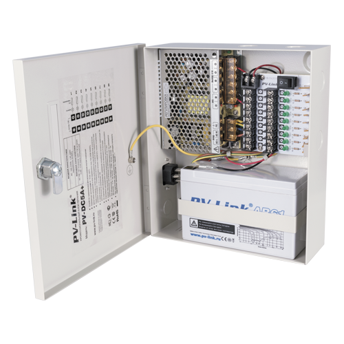 PV-DC5A+ PV-Link v.2054 - блок питания стабилизированный, DC 12 В, 5 А, 9 выходов, с АКБ 7.1 А·ч